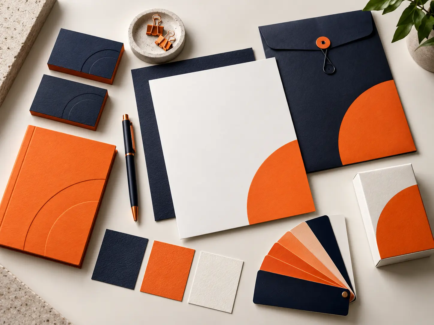 Materiais de identidade visual em azul-marinho e laranja