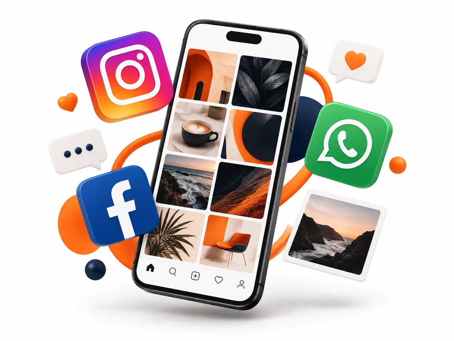 Smartphone e ícones de Instagram, Facebook e WhatsApp