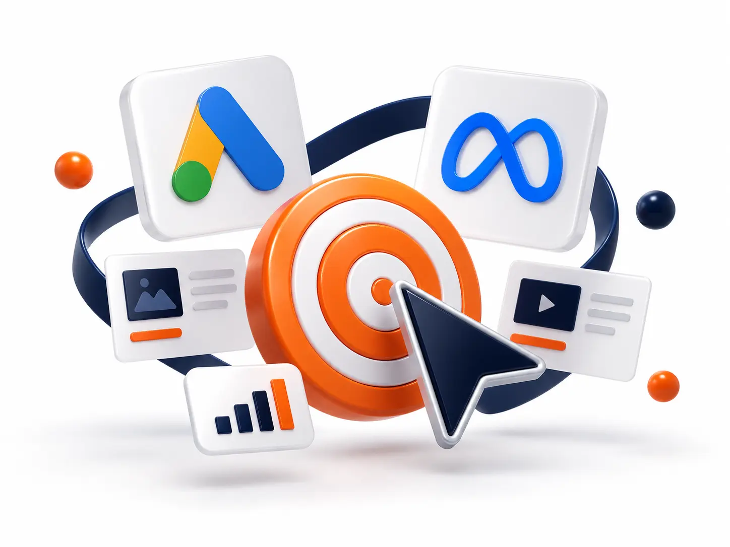 Google Ads e Meta com alvo e peças de campanha