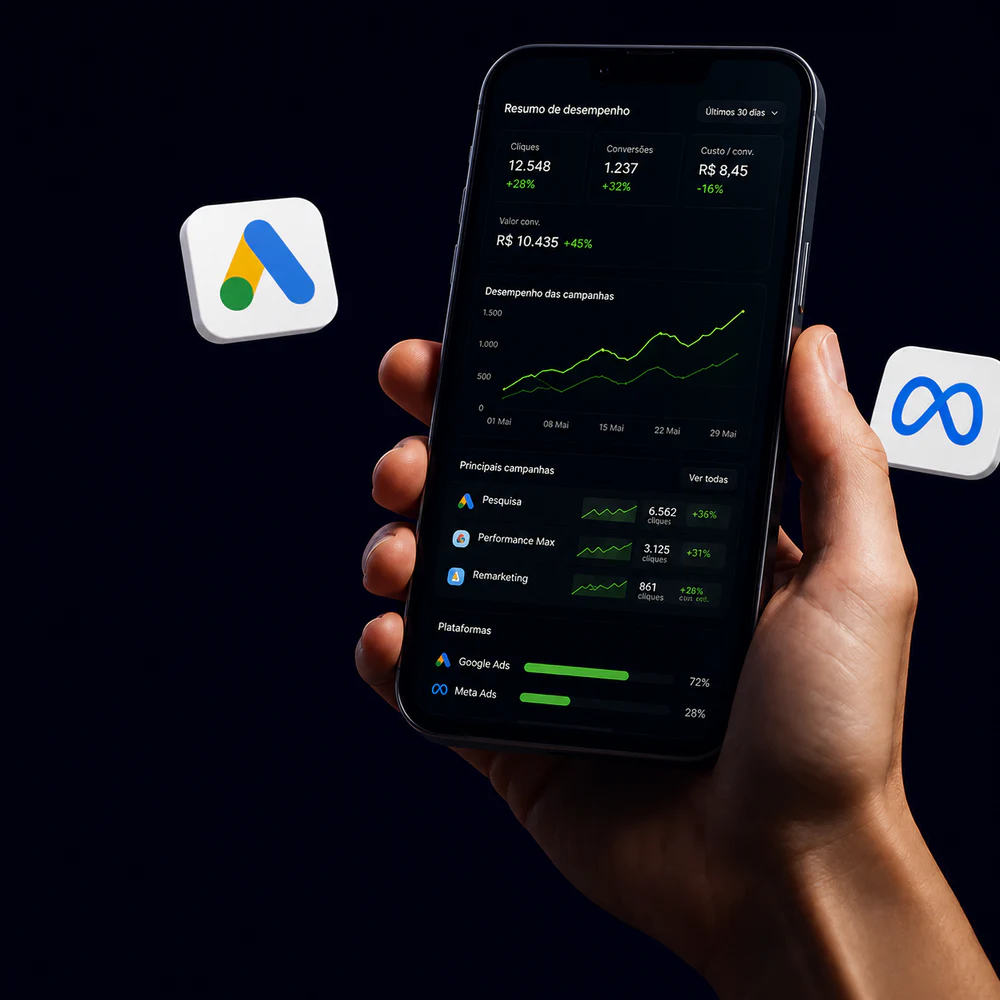 Celular exibindo um painel de campanhas digitais ao lado dos símbolos Google Ads e Meta