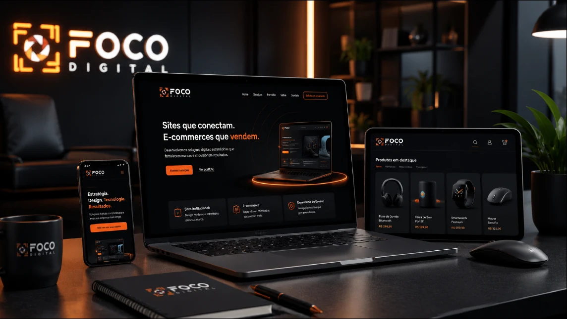 Site e experiência digital da Foco Digital em diferentes dispositivos