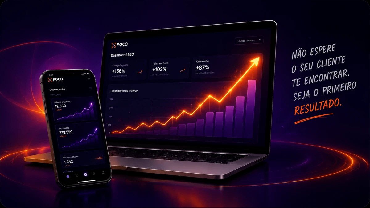 Notebook e smartphone com busca e gráfico de crescimento
