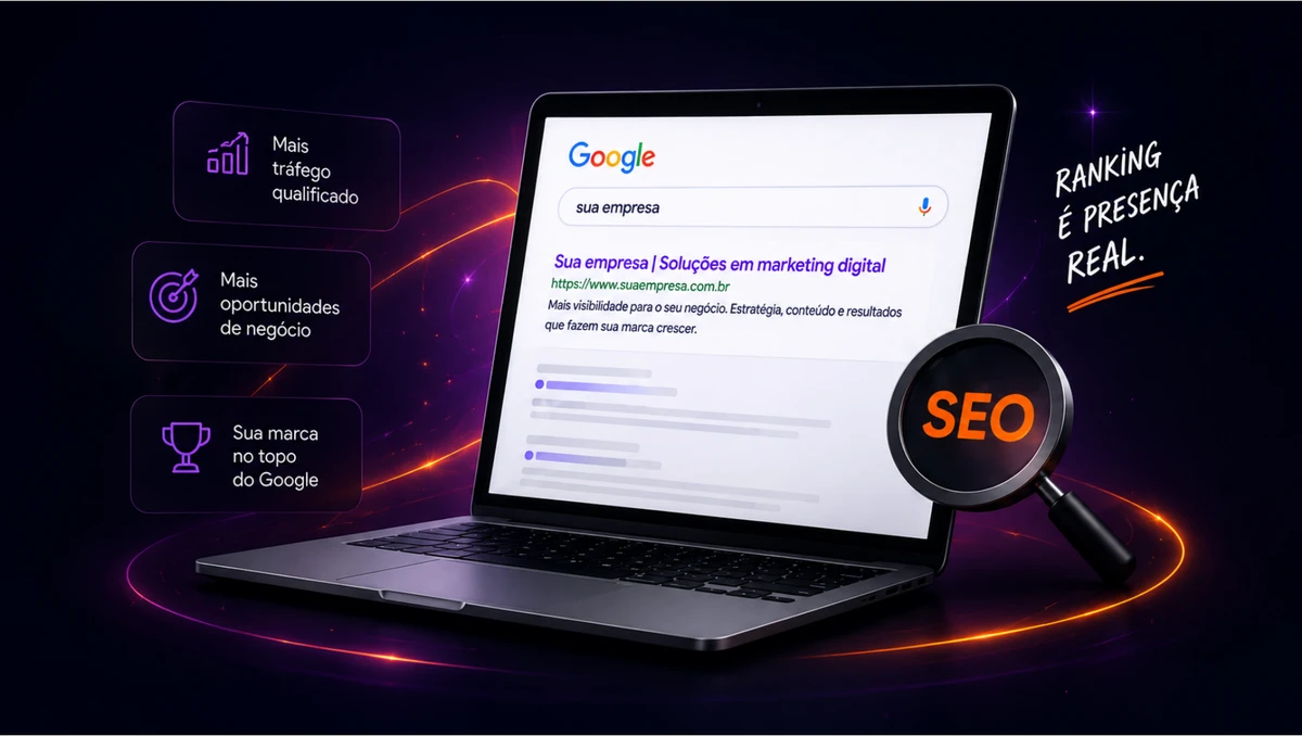 Notebook com interface de busca no Google e lupa com a palavra SEO