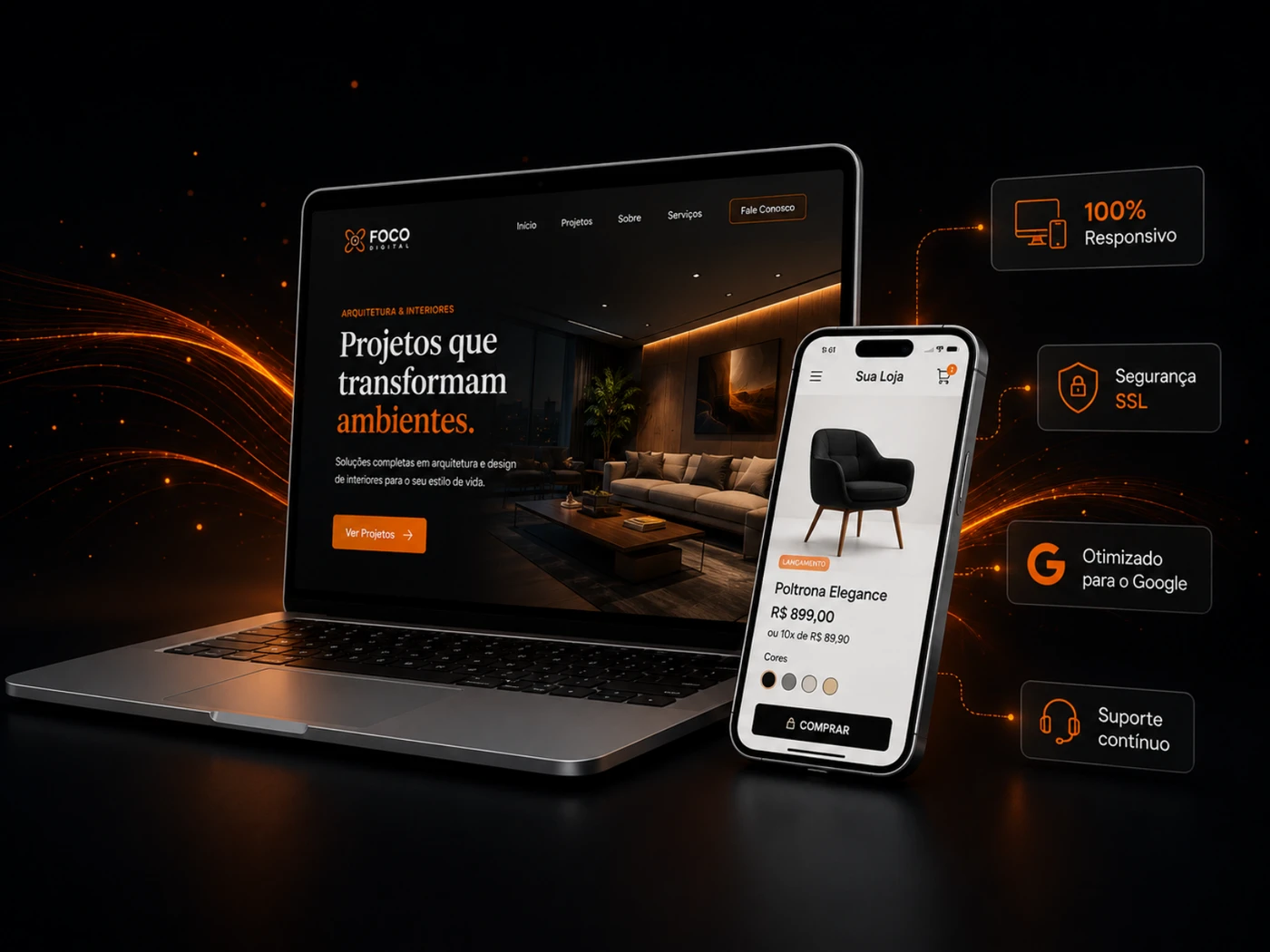Notebook e smartphone exibindo um site e uma loja virtual responsivos