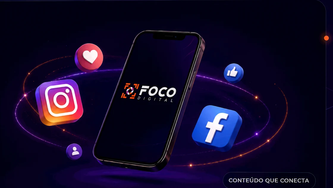 Smartphone com a logo da Foco Digital e ícones de Instagram e Facebook