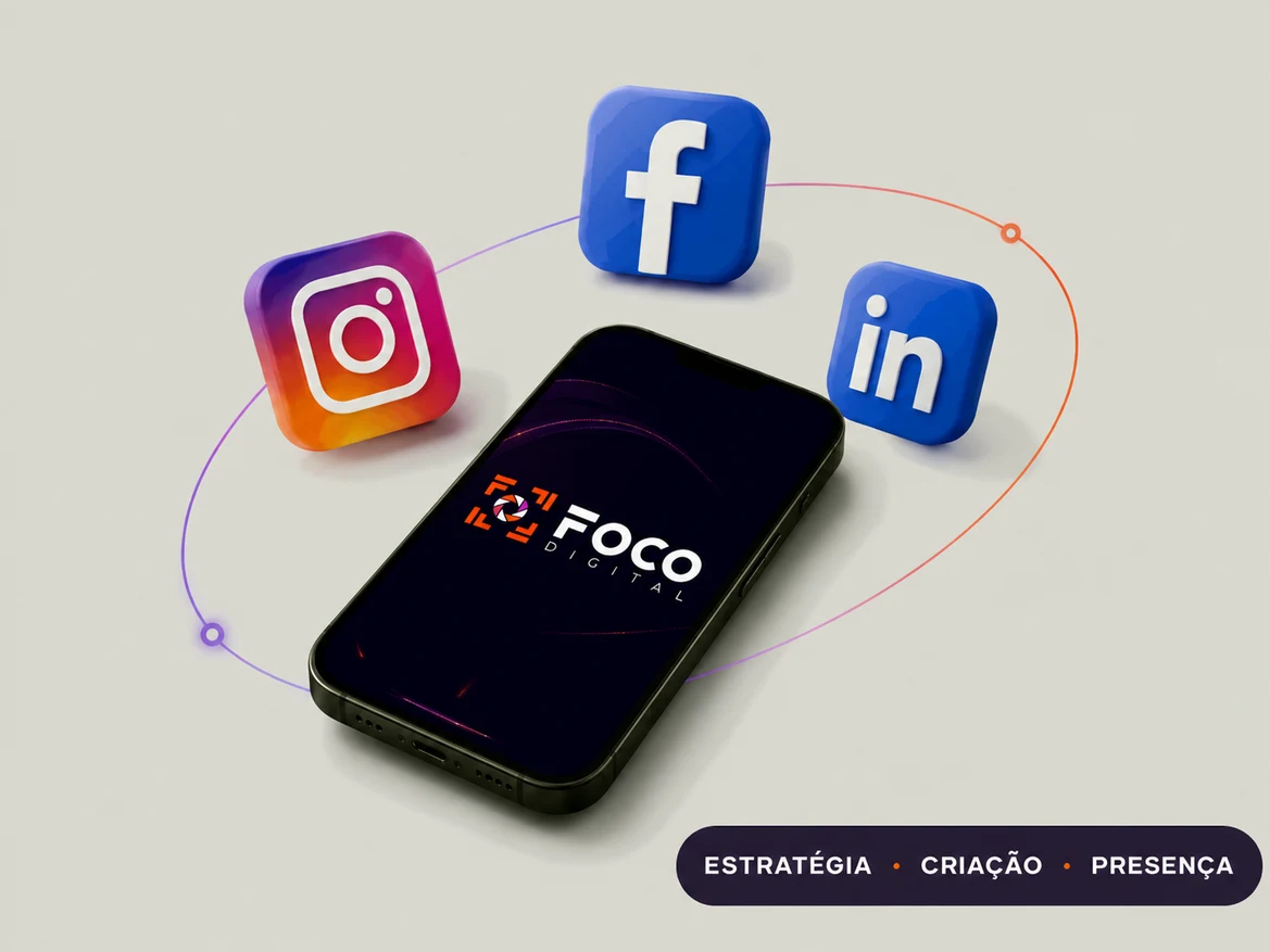 Smartphone com a logo da Foco Digital e ícones de Instagram, Facebook e LinkedIn